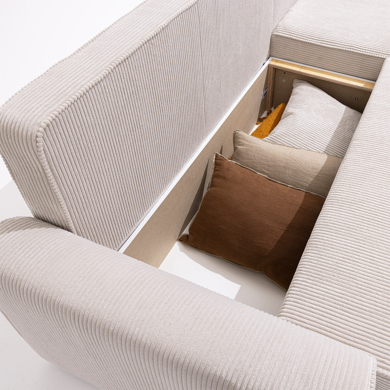 Canapé d'angle DRAWER réversible convertible 4 places en velours côtelé avec coffre Couleur Beige - Léger défaut