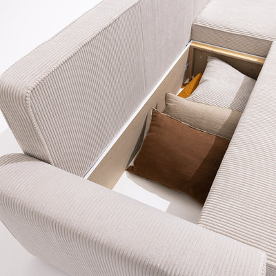 Canapé d'angle DRAWER réversible convertible 4 places en velours côtelé avec coffre Couleur Beige - Léger défaut