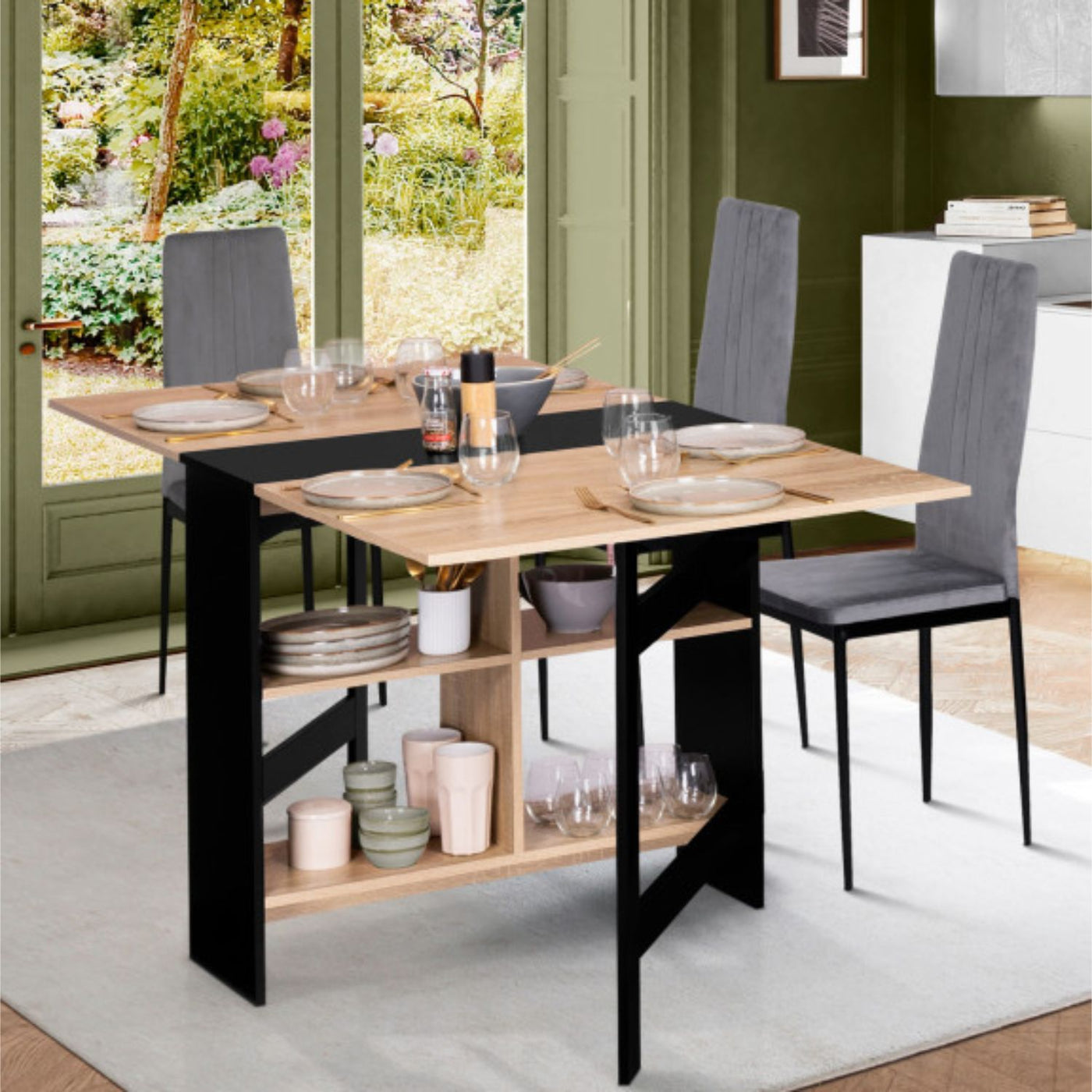 Table console pliable Andy avec rangement noir/hetre