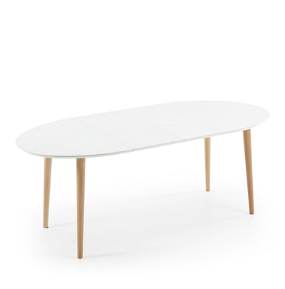 Table blanche ovale extensible en laqué pieds bois 120-200x90cm - Léger défaut