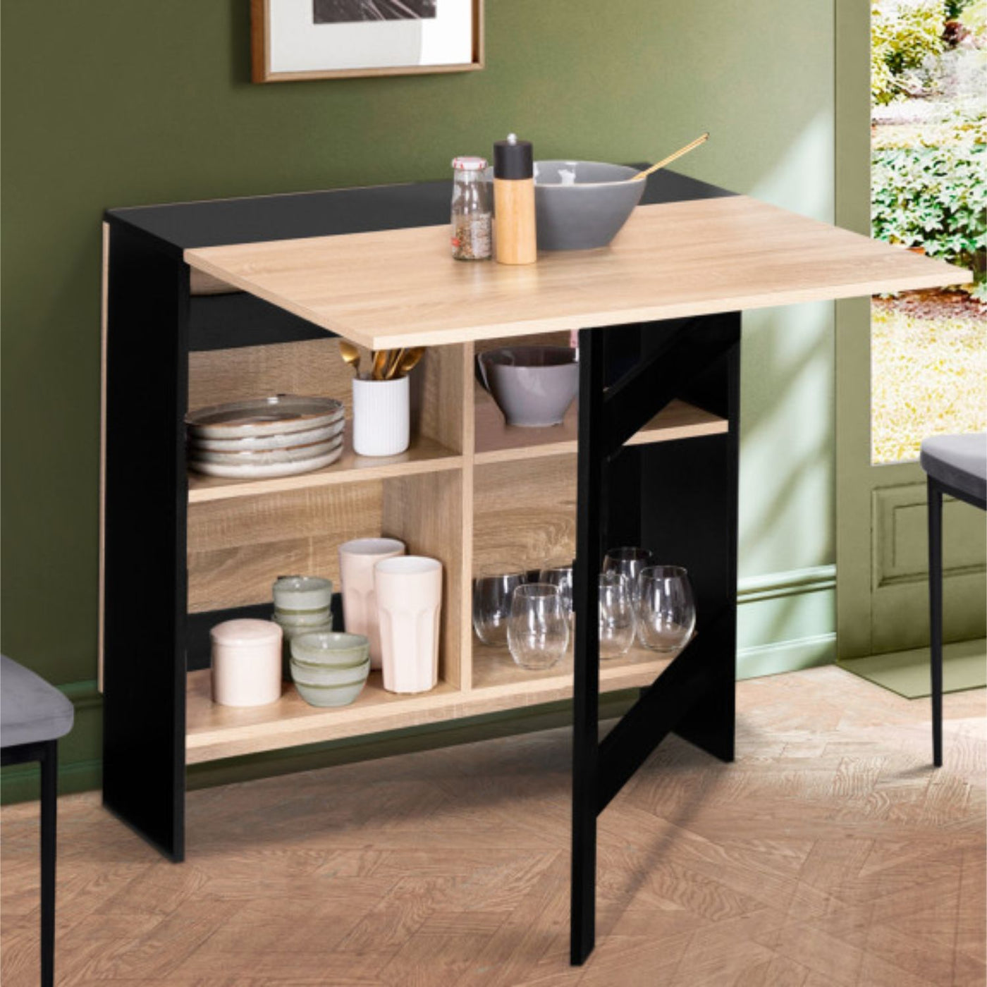 Table console pliable Andy avec rangement noir/hetre