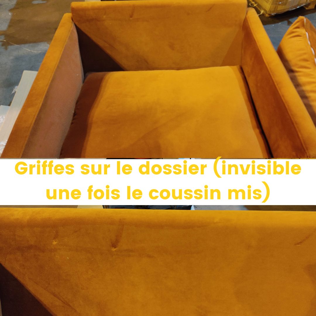 Fauteuil XL en velours pieds bois foncé - Léger défaut