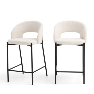 Lot de 2 chaises de bar DRAWER en tissu bouclette écru et métal H65cm - Léger défaut (coup sur les pieds)