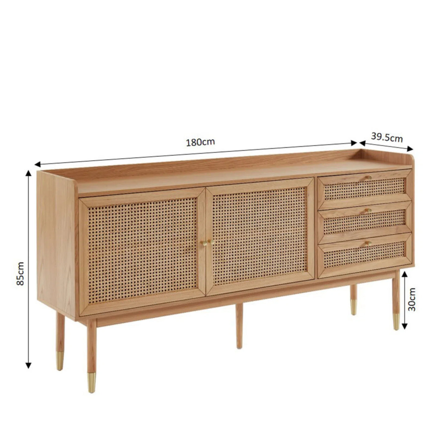 Buffet 2 portes 3 tiroirs en bois et cannage L180cm