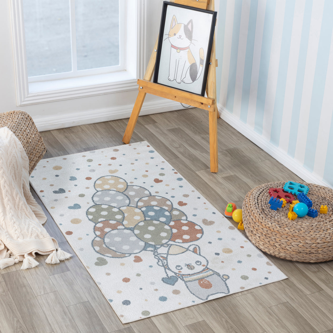 Tapis Enfant Lavable en Machine Ballons Multicolore/Beige Blonay