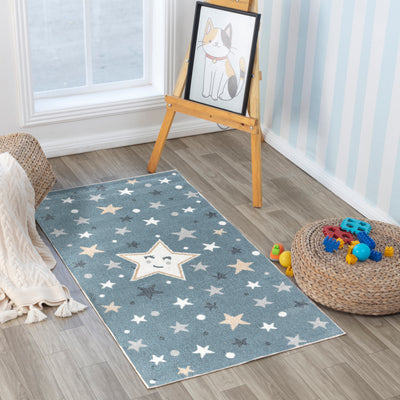 Tapis Enfant Lavable en Machine Étoiles Bleu/Beige Beed