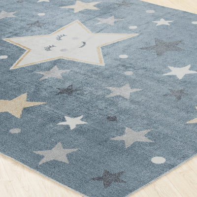 Tapis Enfant Lavable en Machine Étoiles Bleu/Beige Beed