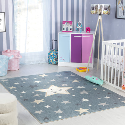 Tapis Enfant Lavable en Machine Étoiles Bleu/Beige Beed