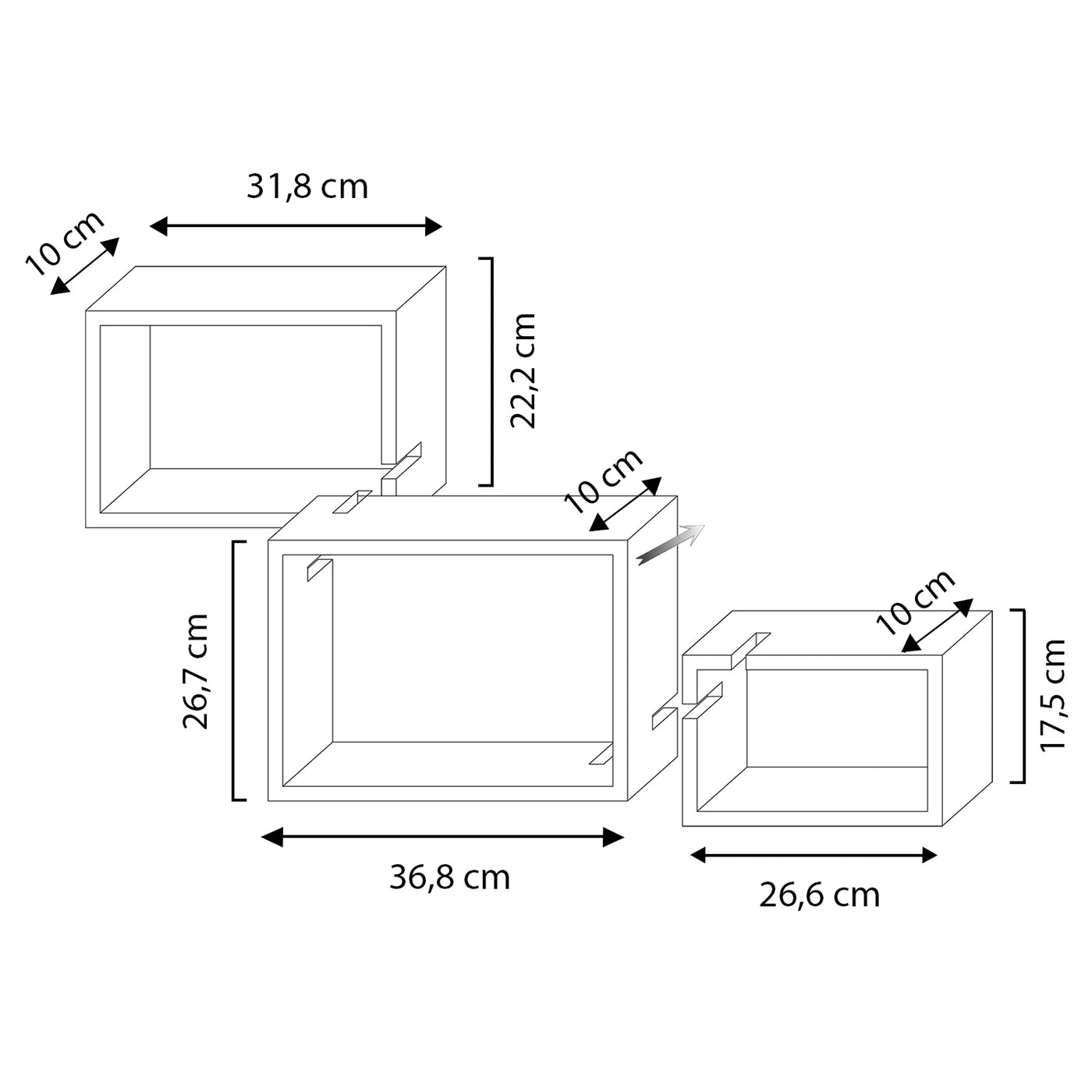 Set de 3 étagères murales carré en bois